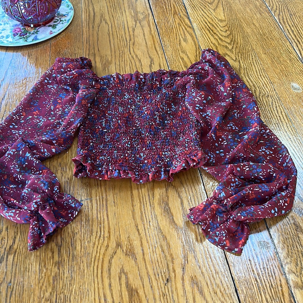 Japna Red Floral Smocked Blouse - Picture 1 of 5